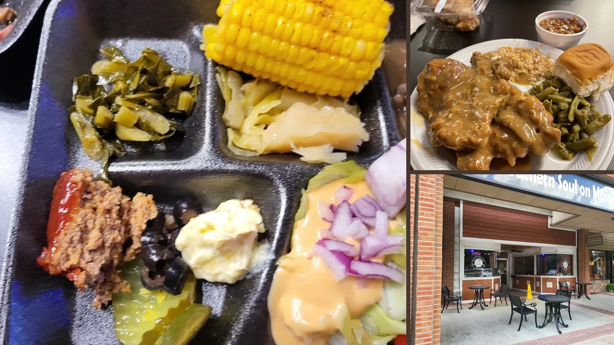 A restaurant table with hearty lunch plates