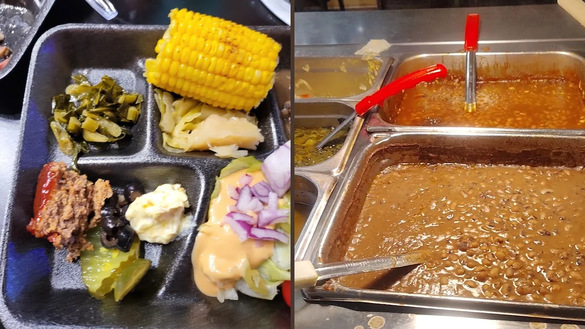 A restaurant table with hearty lunch plates